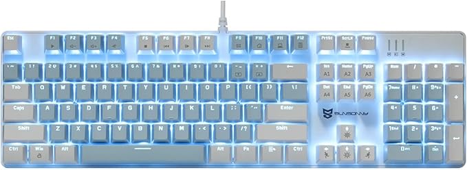 Qisan 104 Mechanical Keyboard for Gaming | Large Size USB White Backlit Gaming Keyboard Wired | US Layout Blue Switches Hot Swappable Mechanical Clicky Keyboards Compatible with PC & Laptop