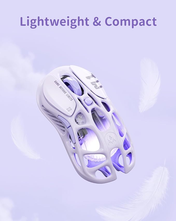 GravaStar Mercury M1 Pro Gaming Mouse, Lightweight Magnesium Alloy, 26,000 DPI, PAW3395DM Sensor, 5 Programmable Buttons, Support Wired/2.4GHz/BT, Up to 200 Hours Battery Life (Lavender Purple)