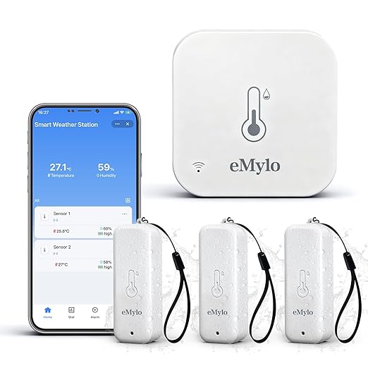 eMylo WiFi Thermometer Hygrometer, IP65 Indoor Smart Temperature Humidity Monitor with 3 Outdoor Wireless Sensors Kit