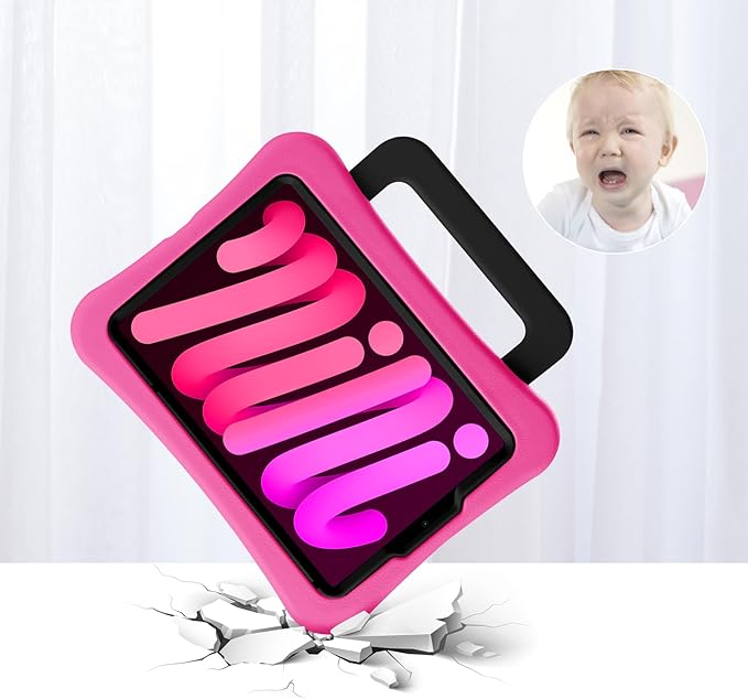 Kids Case for iPad Mini 7 (A17 Pro) 2024 /iPad Mini6 2021, Light Weight Heavy Duty/Shockproof/Drop Proof with Handle/Kickstand, Child Friendly Cover for iPad Mini 7th/6th Gen 8.3inch (Hot Pink)