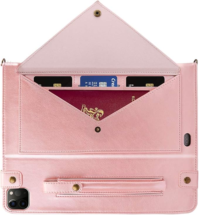 Case for iPad Pro 12.9" 2022/2021/2020, iPad Air 13" - Techcircle Folio Stand PU Leather Cover w/Hand Strap, Pencil Holder Crossbody Card Slots Envelope Pocket Wallet Case, Rose Gold