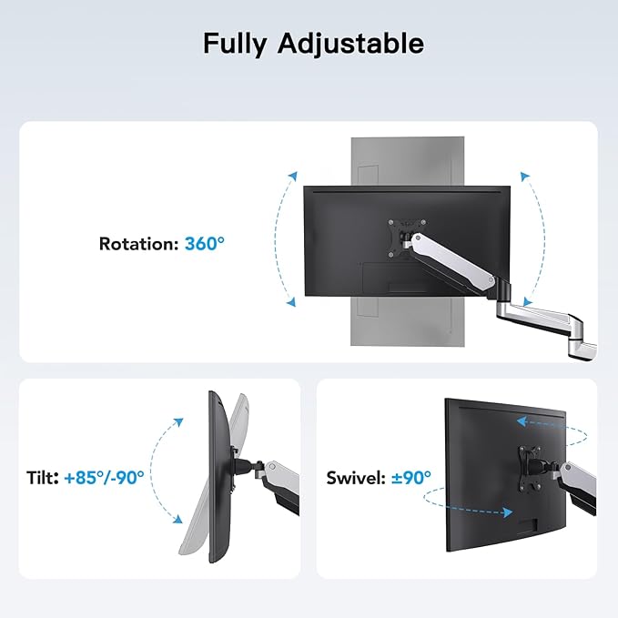 HUANUO Gaming Triple Monitor Stand, Full Motion Articulating Triple Monitor Mount Fit 17 to 32 inch Flat/Curved LCD Computer Screens with Clamp, Grommet Kit, Silver