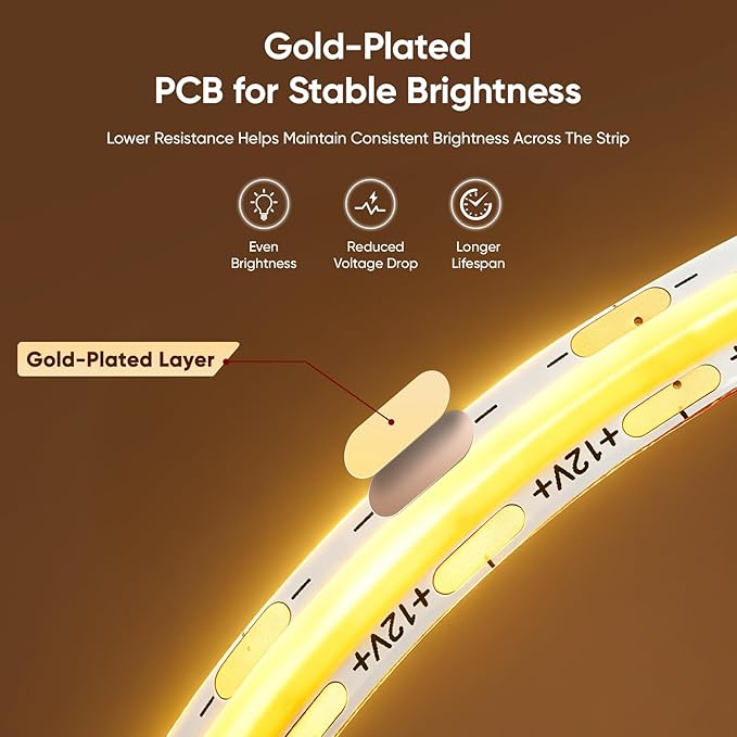 V4light COB LED Strip Light, Natural White (4000K), 12V Tape Light, CRI 95+, 3W/FT High Density, Dotless, Cuttable, UL Listed, Gold-Plated PCB for Bedroom, Kitchen, Cabinets (No Power Supply)