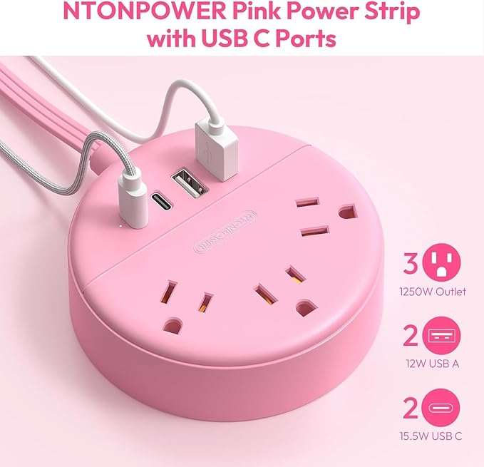 Pink 2 Prong Power Strip with USB C, NTONPOWER Pink Extension Cord 10 FT, 2 Prong to 3 Prong Outlet Adapter, 180° Rotatable Plug, 3 Outlets 4 USB Ports, Non-Grounded Outlets for Vanity Desk, Travel