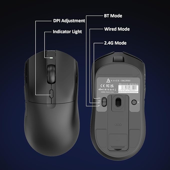 AJAZZ AJ139 V2 MC Wireless Gaming Mouse 2.4G Wired/Bluetooth | Charging Base| 66g Lightweight| 12000 DPI | 500mAh Battery | PAW3311 Sensor | 1000 Polling Rate, Compatible with PC/Mac