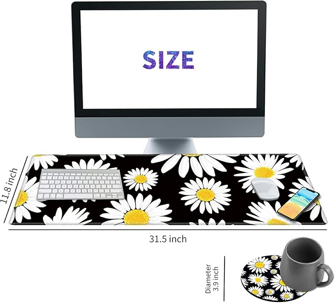 Desk Pad Mat Large Mouse Pad XL Extended Mousepad Gaming with Cute Daisy 31.5" *11.8" Huge Mouse Pads for Computer Laptop Home Office + Cup Coaster