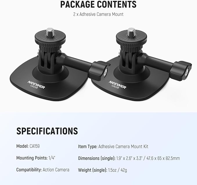 NEEWER Adhesive Mount 2 Pack Compatible with Insta 360 GoPro DJI AKASO Action Camera, 180° Flexible Car Helmet Holder Base Adapter for POV Video Recording Live Streaming, for 1/4" Accessories, CA159