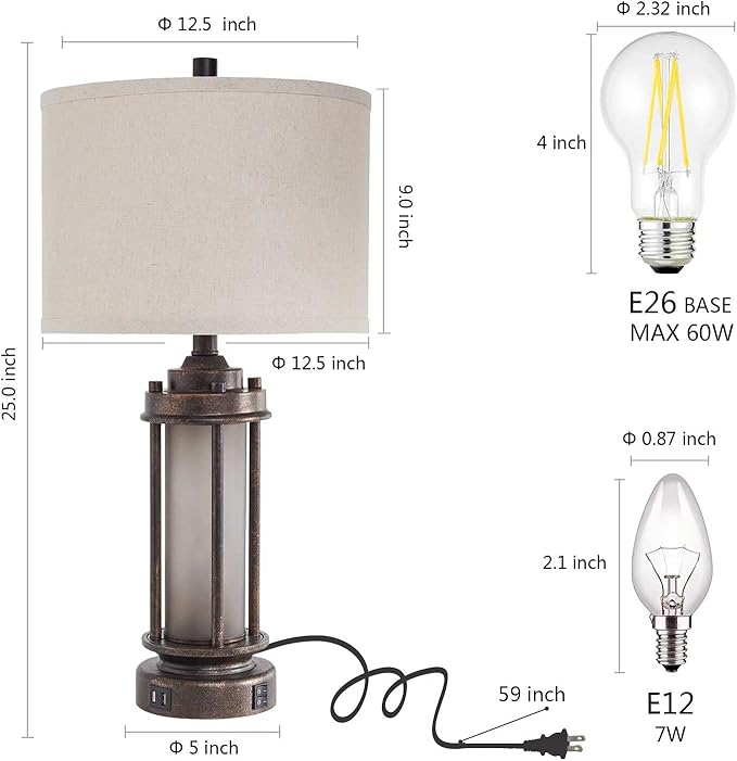 Set of 2 Farmhouse Lamps for Living Room, Rustic Vintage Bedroom Nightstand Table Lamp with 2 USB Charging Ports, Built-In Frosted Glass Night Light for End Table Entryway, 4 Bulbs Included (Bronze)