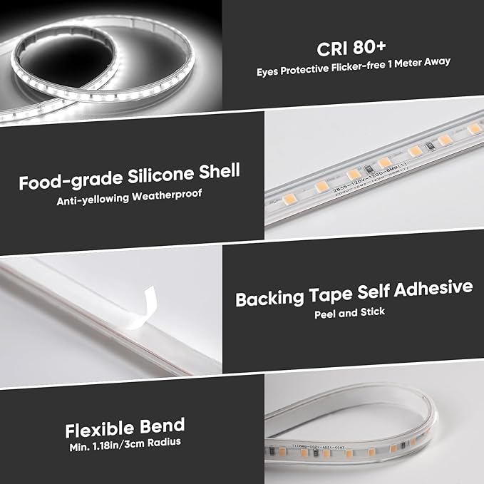 Shine Decor LED Strip Light Super Bright 32000LM, Plug&Play 120V Driverless Easy Wiring, Flicker Free Weatherproof for Outdoor Indoor, Min. 3.9” Cuttable Stickable, 6000K Cool White 131FT ETL Listed
