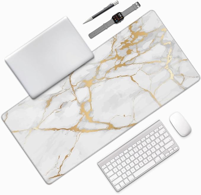 Extra Large Mouse Pads White Gold Marble Print XXL Extended Mousepad with Stitched Edges Non-Slip Rubber Base Computer Keyboard Pad Desk Mat for Home Office Desk Decor, 35.4" X 15.7"