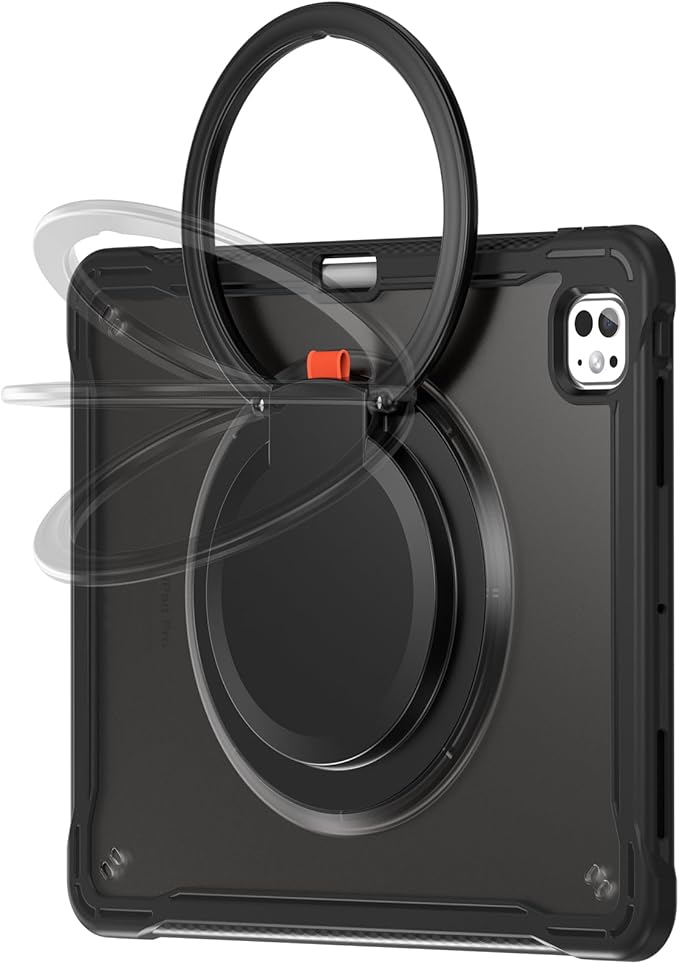 Batianda for iPad Pro 11 inch Case 2025 M5 2024 M4 Chip Lightweight Dual-Layer Protective Tablet Cover, Durable Shock-Absorbing Corners with 360° Rotating Kickstand Ring Built-in Pen Slot, All Black