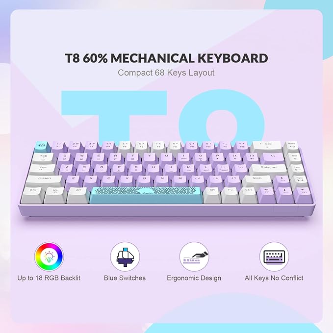 ZIYOU LANG RK-T8 Wired 65% Mechanical Gaming Keyboard with RGB LED Backlit Anti-ghosting TKL Mini 68 Key Custom Coiled C to A Cable Tactile Blue Switch for PS4 PS5 Xbox PC Mac Gamer(Lavender)