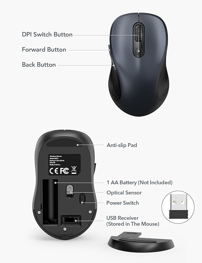 Trueque Wireless Mouse for Laptop, 2.4GHz Ergonomic Computer Mouse with Back & Forward Buttons, 3 Adjustable DPI Levels, 6 Buttons, Optical USB Cordless Mice for Windows PC, M01 (Space Gray)