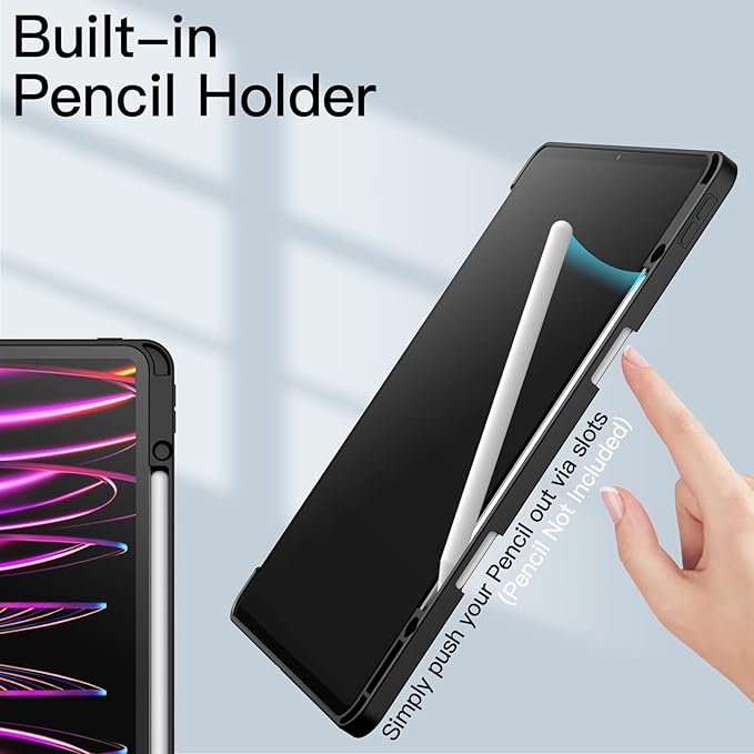 JETech Case for iPad Pro 12.9-Inch (2022/2021/2020/2018) with Pencil Holder, Clear Transparent Back Shell Slim Stand Shockproof Tablet Cover, Auto Wake/Sleep (Black)