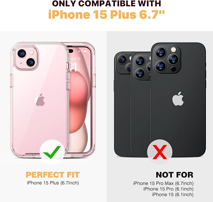 Diaclara Designed for iPhone 15 Plus Case 6.7 Inch, Full Body Rugged Case with Built-in Touch Sensitive Anti-Scratch Screen Protector + Glass Camera Lens Protector for iPhone 15 Plus,Clear Pink
