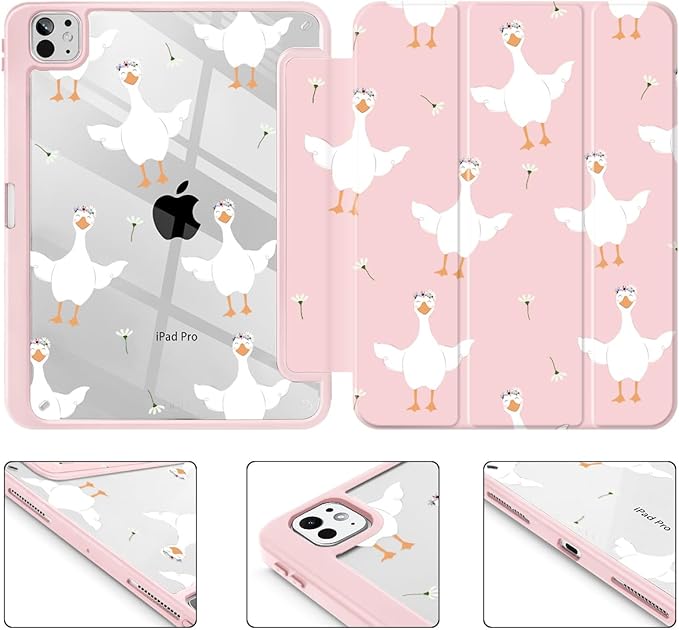 May Chen Case for iPad Pro 11-Inch M5/M4 2025/2024 (6th/5th Generation), [Penceil Holder] Trifold Stand Auto Wake/Sleep Clear TPU Protection Back Cover, Goose Flower