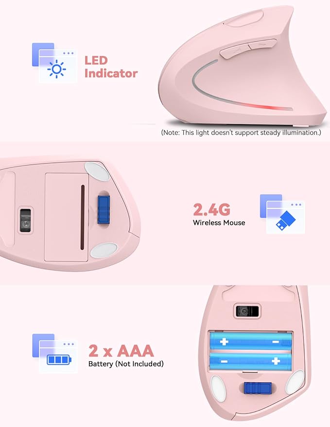 TECKNET 2.4G Ergonomic Mouse Vertical Wireless - 4800 DPI Optical Carpal Tunnel Mice Right Hand, 4800 DPI Adjustable, Quiet Clicks, 6 Buttons for Laptop, Desktop, PC, Computer - Pink
