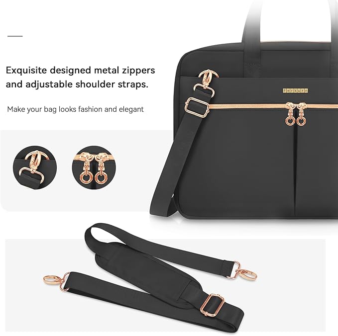 Ferkurn Laptop Bag Case Women Men Computer Bag Compatible with MacBook/HP/LG/Dell, Shoulder Strap Slim Carrying Messenger Briefcase, Black, 14 Inch
