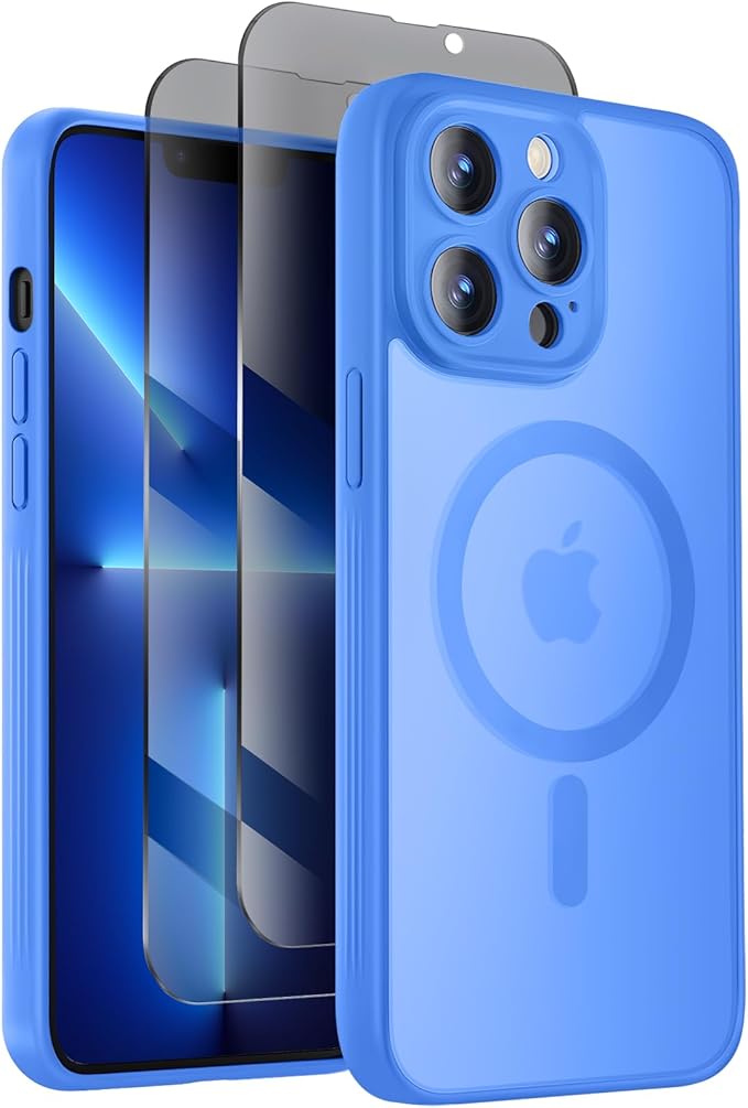 Symcele Designed for iPhone 13 Pro Max Case, Compatible with MagSafe, with Privacy Screen Protectors X2, [Camera Protection] [15FT Military Drop Protection] Shockproof Phone Case, 6.7", Blue