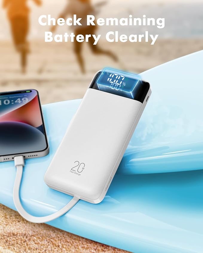 charmast 20000mAh Portable Charger with Built in Cables, 22.5W Travel Power Bank Fast Charging, USB C Cell Phone Battery Pack for iPhone 16/15/14/13/12/11 Series, iPad, Samsung, Android, Tablet