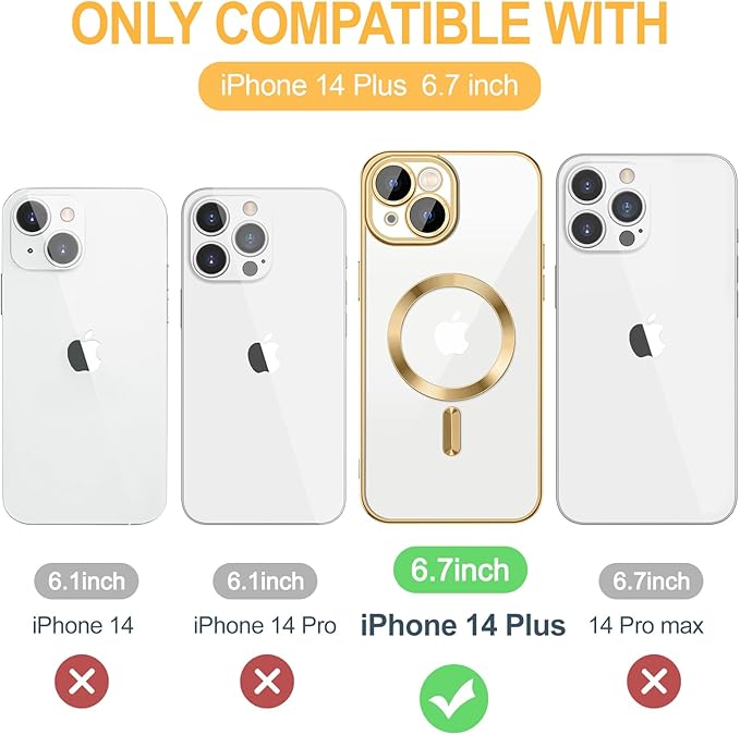 Hython Magnetic Clear for iPhone 14 Plus Case with Camera Lens Protector [Compatible with MagSafe] Luxury Plating Edge Slim Soft TPU Cover Protective Phone Case for iPhone 14 Plus 6.7", Gold