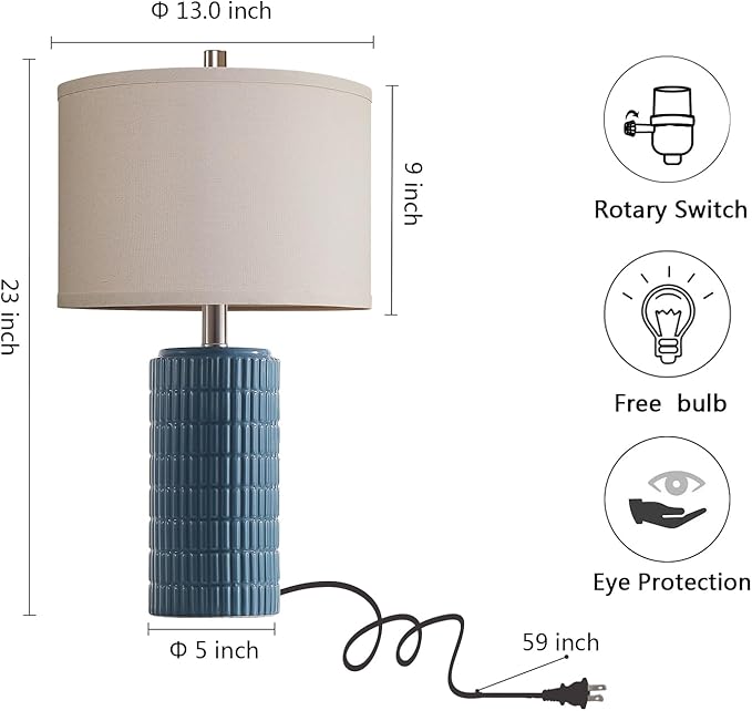 AIEAMPDO 23'' Set of 2 Farmhouse Ceramic Table Lamps for Living Room, Rustic Nightstand Lamp for Bedroom, Office, Dorm, Hallway, 2 LED Bulbs Included