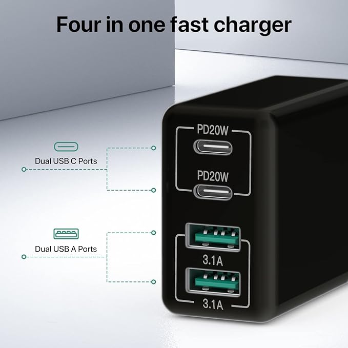sccvee [2 Pack] USB C Wall Charger, 40W 4-Port USB C Charger Block,Fast Charging Block Dual Port PD+QC Wall Plug Multiport Type C Compatible with iPhone 14/13/12/Pro Max/XS/XR/8,Tablet(Black)