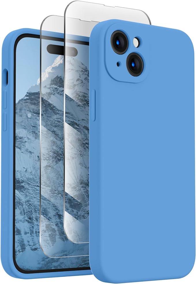 FireNova Designed for iPhone 15 Case, Silicone Upgraded [Camera Protection] Phone Case with [2 Screen Protectors], Soft Anti-Scratch Microfiber Lining Inside, 6.1 inch, Blue