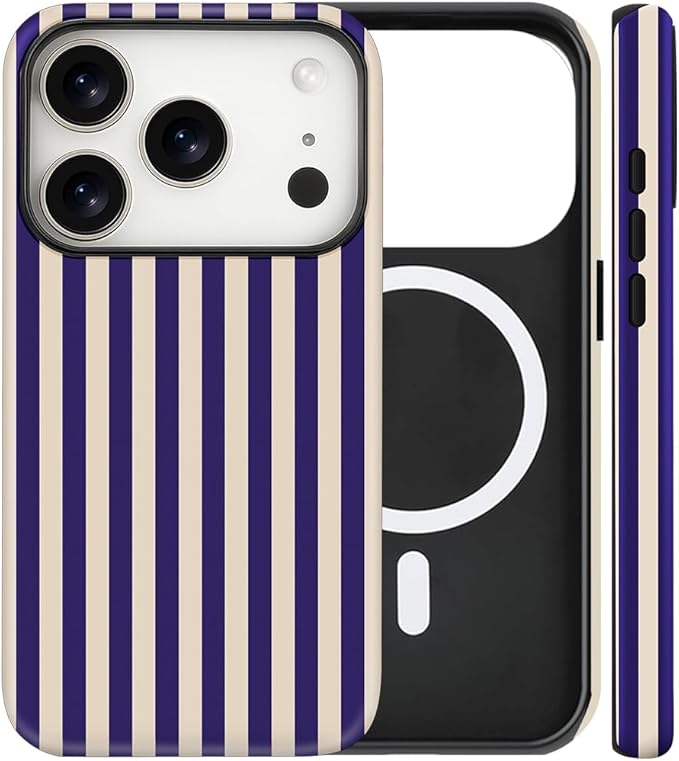 Magnetic for iPhone 17 Pro Case Cute Stripes Phone Case, Shockproof Slim TPU and Hard PC Protective Phone Cover Compatible with MagSafe Designed for Women Girls, Deep Purple