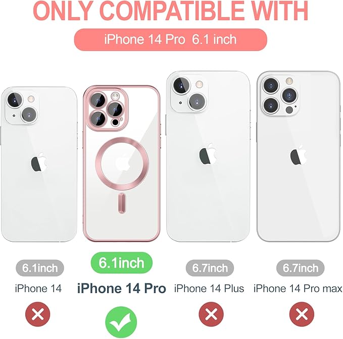 Hython Magnetic Clear for iPhone 14 Pro Case with Camera Lens Protector [Compatible with MagSafe] Luxury Plating Edge Slim Soft TPU Cover Protective Phone Case for iPhone 14 Pro 6.1", Matte Pink