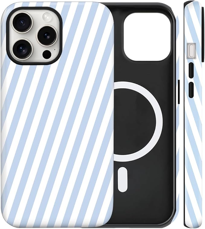 Magnetic for iPhone 16 Pro Max Case Cute Diagonal Stripes Phone Case, Shockproof Slim TPU and Hard PC Protective Phone Cover Compatible with MagSafe Designed for Women Girls,Blue