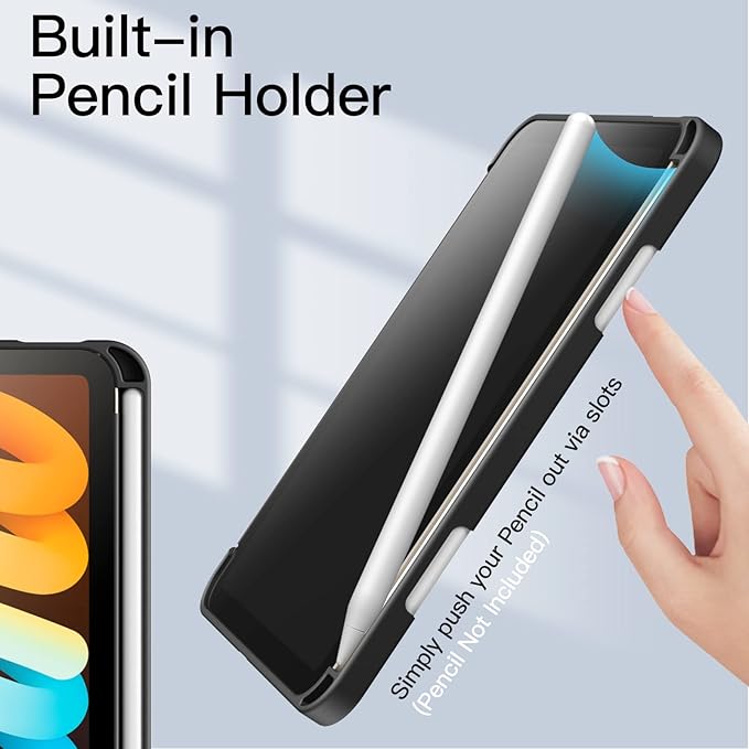 JETech Case for iPad mini (A17 Pro, 2024 Model, 7th Generation) / mini 6 (2021 Model, 6th Generation) with Pencil Holder, Clear Back Shell Stand Shockproof Tablet Cover, Auto Wake/Sleep (Black)
