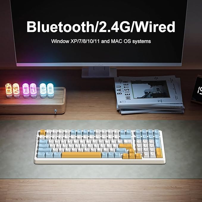Merdia Wireless Mechanical Keyboard, Triple Mode 2.4G/USB-C/BT Gaming Keyboards 100 Keys Ice-Blue Backlit Brown Switch Keyboard | Rechargeable Mechanical Gaming Keyboards | Ice Blue/W/Y