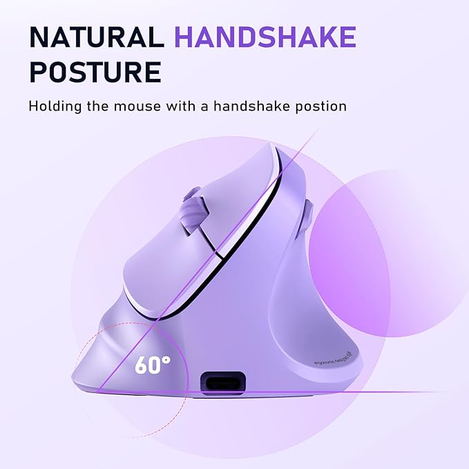 MEETION Ergonomic Mouse, Wireless Vertical Mouse RGB Backlit, Rechargeable Mice for Bluetooth(5.2+3.0) & USB-A with USB-C Adapter, 4 Adjustable DPI Compatible Mac/Windows/Andriod/PC/Tablet/iPad Purple