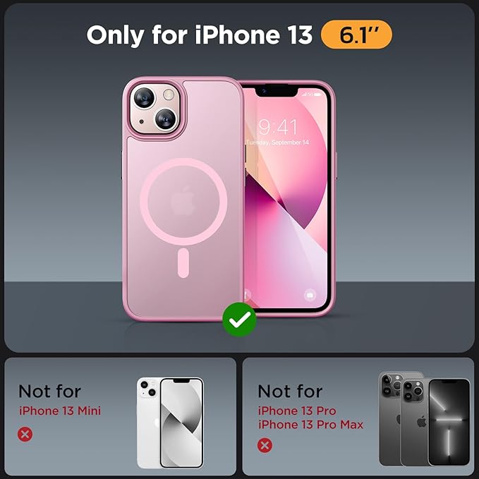 Miracase Magnetic for iPhone 13 Case 6.1 inch (Compatible with MagSafe)（with 2X Screen Protectors） Military-Grade Protection, Anti-Fingerprint Translucent Matte Phone Case Cover, Mes Pink