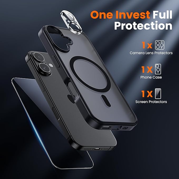toushion 3 in 1 for iPhone 17 Case Matte Black,Fits MagSafe, Screen Protector*1 Camera Lens Protector*1,Matte Skin Feeling Back, Cover Military-Grade Protection