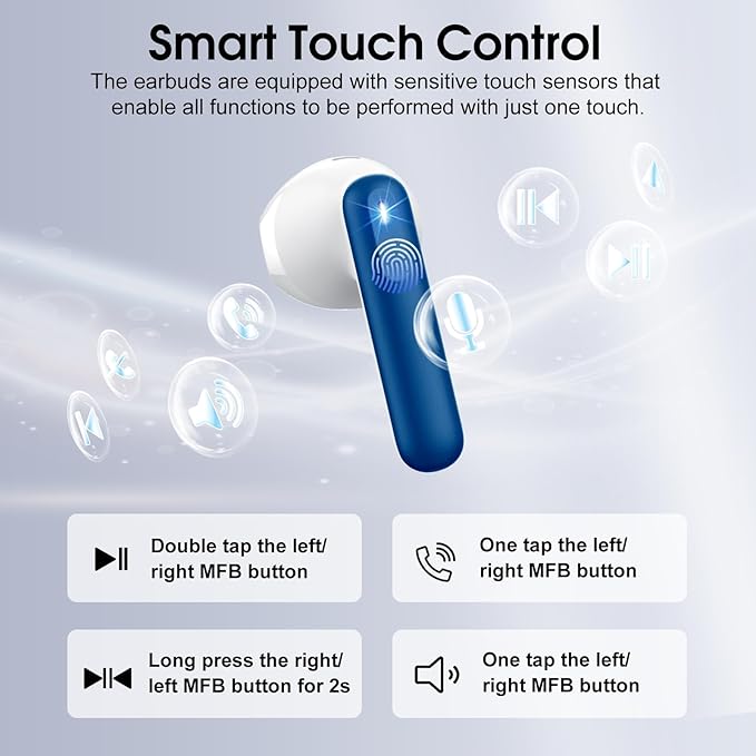Wireless Earbuds, Bluetooth 5.4 Headphones with 3D Bass Stereo, Bluetooth Earbuds with 4 ENC Noise Cancelling Mic, 40H Ultralight In-Ear Buds USB-C LED, IP7 Waterproof Earphones for Android iOS, Blue