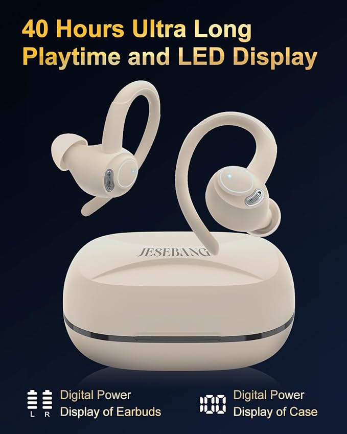 Wireless Earbuds Bluetooth 5.3 Headphones Sport, 2024 Wireless Earphones with Earhooks, HiFi Stereo Deep Bass with ENC Mic, 40H Dual LED Display, IPX7 Waterproof Ear Bud for Small Ear Running/Workout