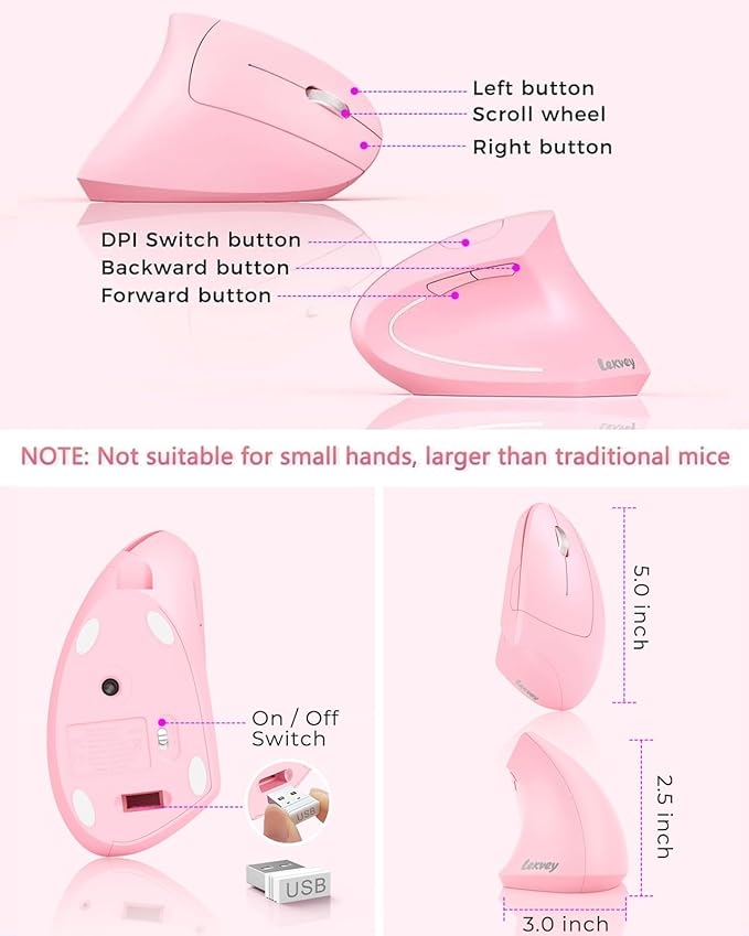 Lekvey Ergonomic Mouse, Vertical Wireless Mouse, Rechargeable 2.4 GHz USB Optical Carpal Tunnel Mice : 800/1200 / 1600 DPI, 6 Buttons, for Laptop, PC, Mac, Computer, Desktop, Notebook etc, Pink