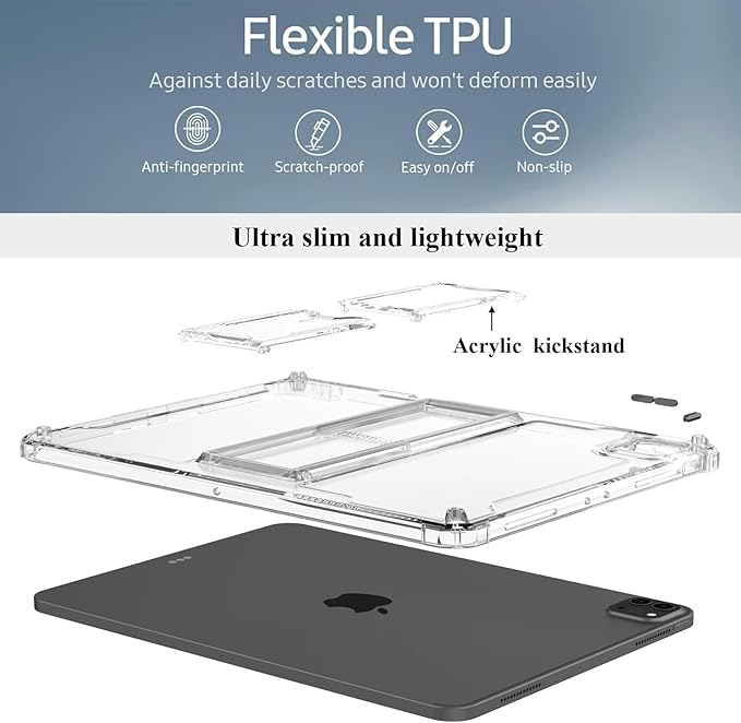 Clear Stand Case for iPad Pro 12.9 Inch 6th/5th/4th/3rd Generation (2022/2021/2020/2018) with Pencil Stylus Pen Holder/Kickstand Soft TPU Back Transparent Shockproof Lightweight Cover, Clear