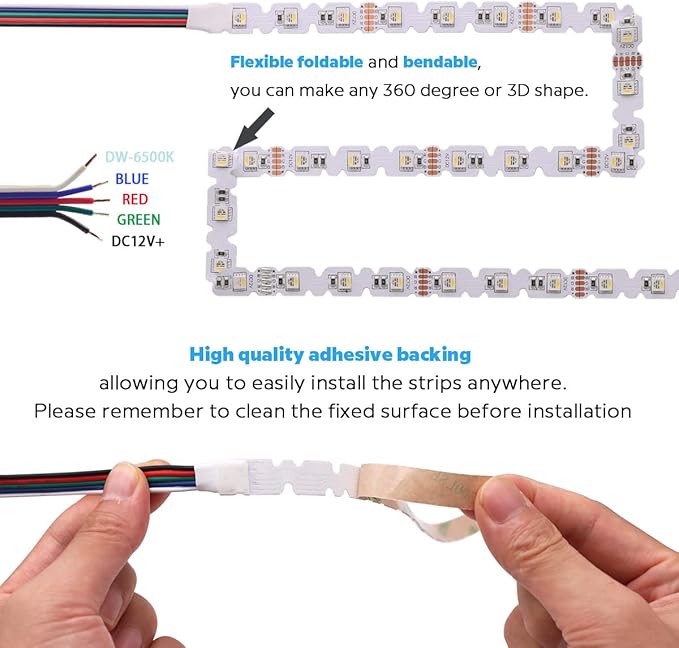 12V 4in1 RGBW LED Strip Lights 360° Bending S Shape RGB+6000K Daylight 16.4ft 240LEDs Dimmable RGBW Color Changing LED Light Strips for DIY Letters Irregular Lighting (RGB+6000K)