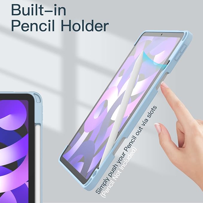 JETech Case ONLY for iPad Air 11-Inch M4/M3/M2 (2026/2025/2024), iPad Air 5/4 (2022/2020 5th/4th) with Pencil Holder, Clear Transparent Back Slim Stand Shockproof Tablet Cover (Sky Blue)