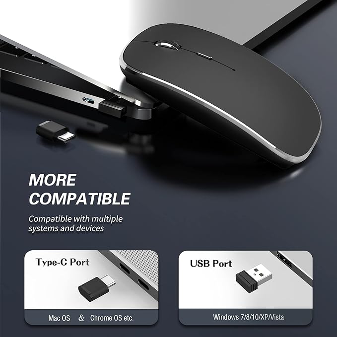 Halpilt Wireless Mouse Chargeable Portable Silent USB-A and Type-C Dual Mode Wireless Mouse 3 Adjustable DPI for Laptop, Mac, Android, PC (Q23S Black) (Black)