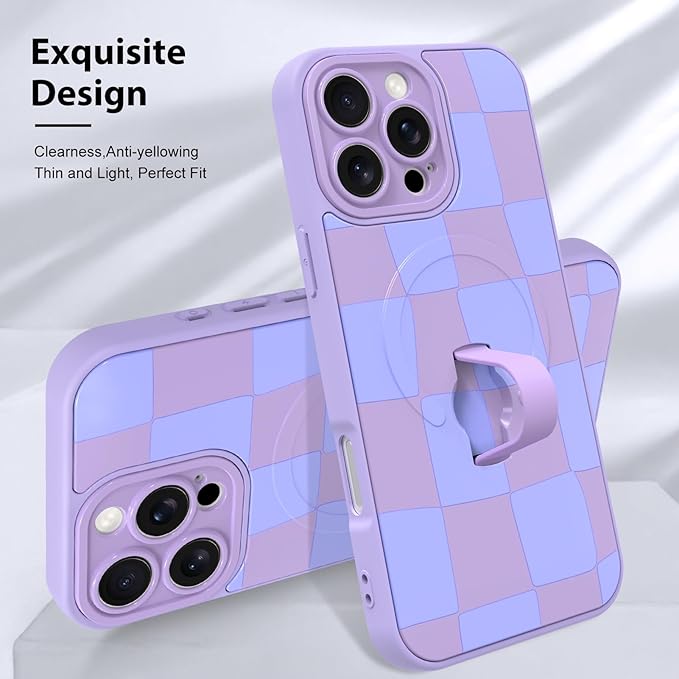 KANGHAR Compatible with iPhone 16 Pro Max Case, Support for MagSafe, Silicone Checkered Cute Pattern, Wristband Kickstand Camera Protection Soft Slim Cover for Girls Women -Purple