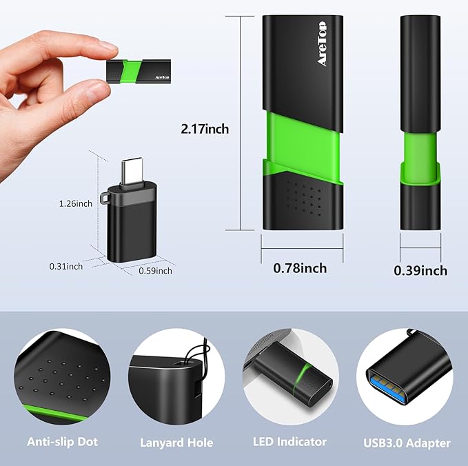 4GB Flash Drive 10 Pack with Type C Adapter, AreTop Retractable USB 2.0 Thumb Drive USB Drive for Date Storage, Multicolor Jump Drive with LED Indicator, 4GB 10 Pack (Red, Green, Blue, Purple, Yellow)