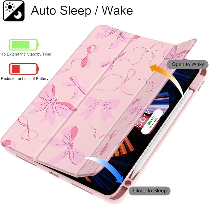 May Chen Case for iPad Pro 11-Inch M5/M4 2025/2024 (6th/5th Generation), Clear Transparent Print Back Shell Slim Stand Shockproof Tablet Cover, Auto Wake/Sleep, Pink Bows P631