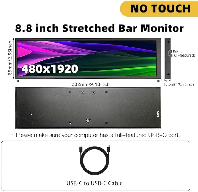 8.8-inch Touchscreen Bar Display, 1920x480, Metal Shell IPS Portable Touch Monitor with USB-C Port. Compatible with Raspberry Pi, Laptop Aida64 Monitoring, GPU/CPU Stats, and PC Case Mini Screen