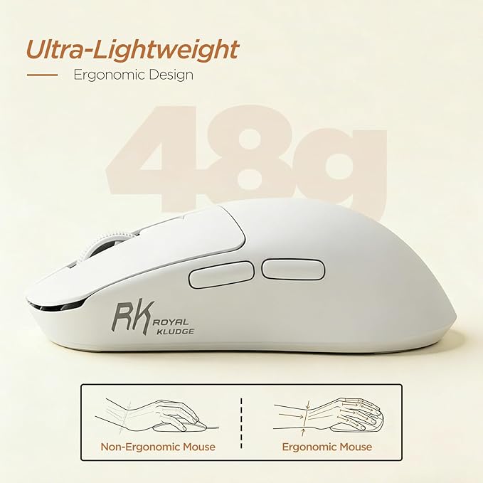 RK ROYAL KLUDGE RK MO3 Wireless Gaming Mouse, 48g Lightweight Computer Mouse, Bluetooth/2.4G/Wired Rechargeable PC Game Mice with Programmable Buttons and Silent Clicks, 6000 DPI for Laptop/Mac, White