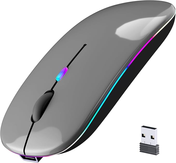 Wireless Bluetooth Mouse, Rechargeable, LED, Silent, Ultra-thin Design (Bluetooth 5.2 and 2.4GHz USB Receiver) | Portable Computer Mouse for Laptops, iPads, MacBooks and Apple Devices (Grey)