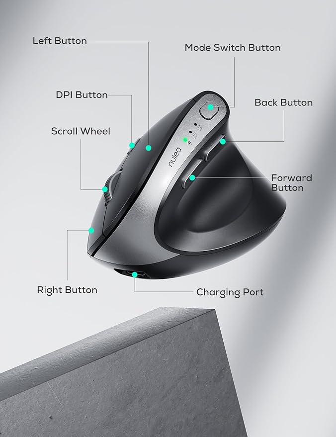 Nulea MD280 Ergonomic Vertical Wireless Mouse - Bluetooth & 2.4G Dual Mode, 4 Adjustable DPI 800/1200/1600/2400, Rechargeable, Silent Clicks, No Lag, 6 Buttons - Perfect for Laptop, Desktop Black